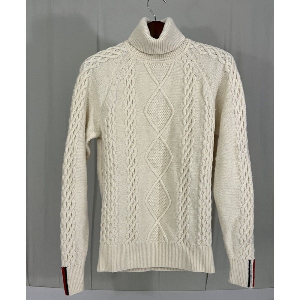 Y2K Tommy Hilfiger Cable Knit Fisherman Sweater Turtleneck Preppy Womens L Ivory